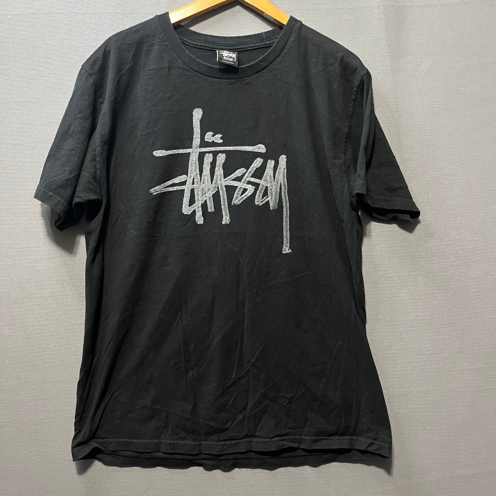 Stussy Mens Big Stock Logo Graphic T-Shirt Black Silver Size Medium